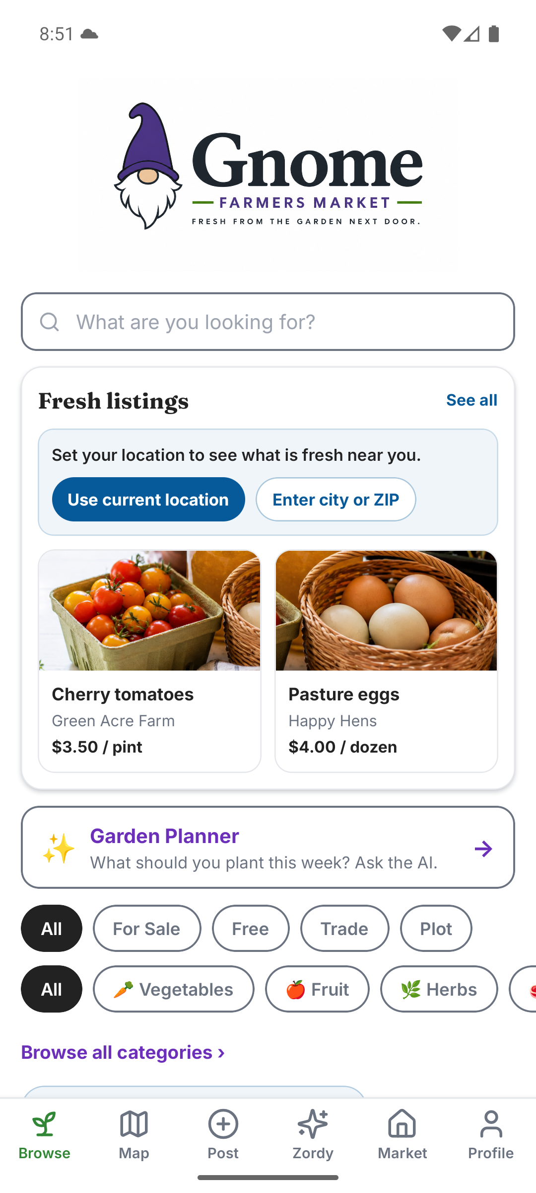 Gnome app Browse screen showing fresh local tomato and egg listings
